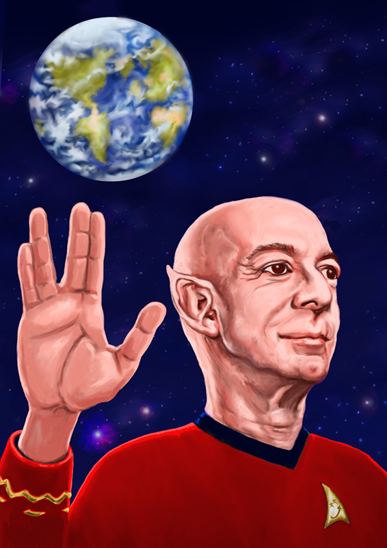 Digital painting of Jeff Bezos as Star Trek character Scotty in red engineering uniform gesturing with Vulcan salute beneath a starry sky and the planet Earth in the background