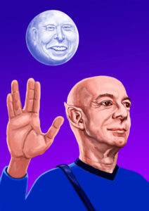 NFT Art digital painting of Jeff Bezos as Star Trek character Spock gesturing with the Vulcan Salute "Live Long and Prosper", Elon Musk is depicted as the man in the moon in the sky behind him. By artist Nigelsfunktrunk